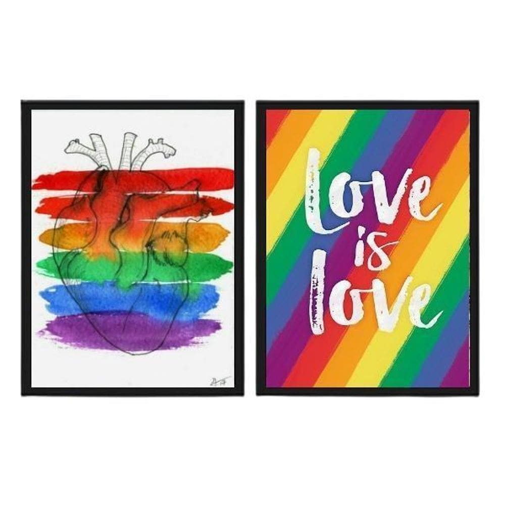 Kit 2 Quadros Lgbt Coração Gay 33X24Cm Com Vidro - Preta