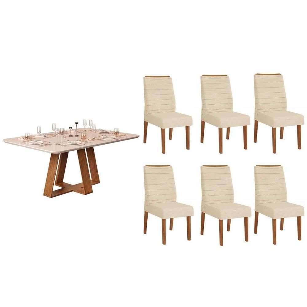 Conjunto: Mesa Sala Jantar Celeste c/ Tampo Madeirado c/ Vidro Curvo 160x90cm e 6 Cadeiras Ondina Freijo/Off White - Linho Neve - DJ Móveis