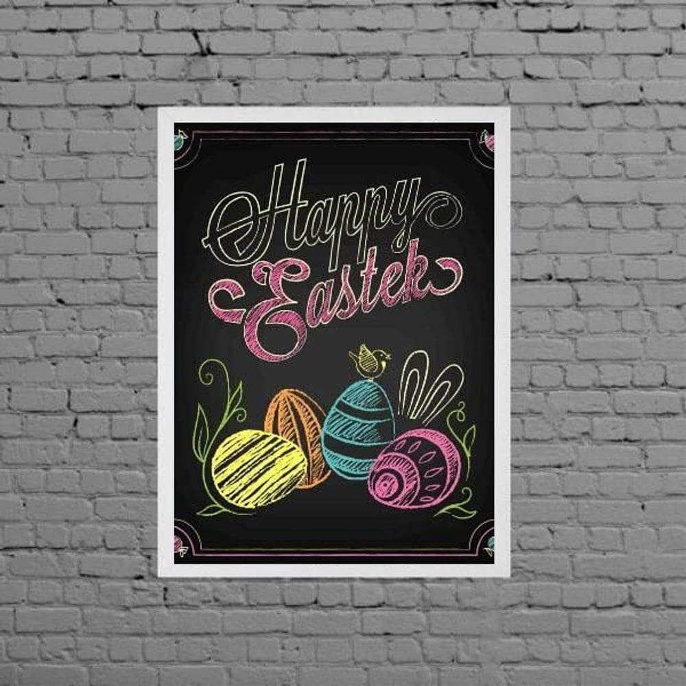 Quadro Feliz Páscoa Happy Easter 45X34Cm Moldura Branca