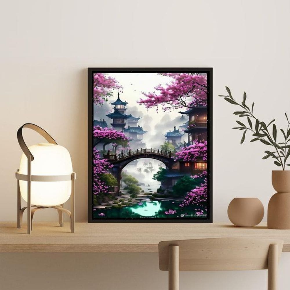 Quadro Decorativo Paisagem do Japão 33x24cm - Madeira Branca