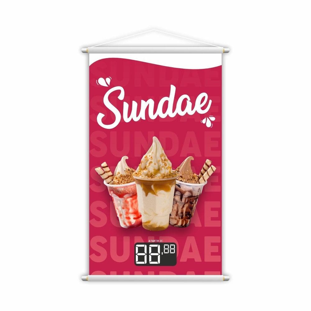Banner Sundae Sorvete Sorveteria Gelado Preço Lona 80X50Cm