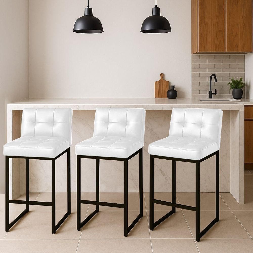 Banqueta Cozinha Alta Com Encosto Industrial Kit 3 Preto Lirina Pu Branco C05 - D`rossi