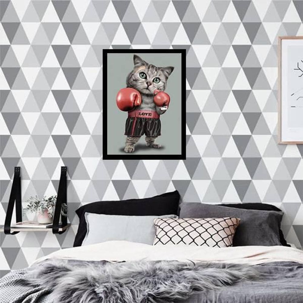 Quadro Decorativo Gato Lutador De Boxe 45x34Cm Moldura Preta