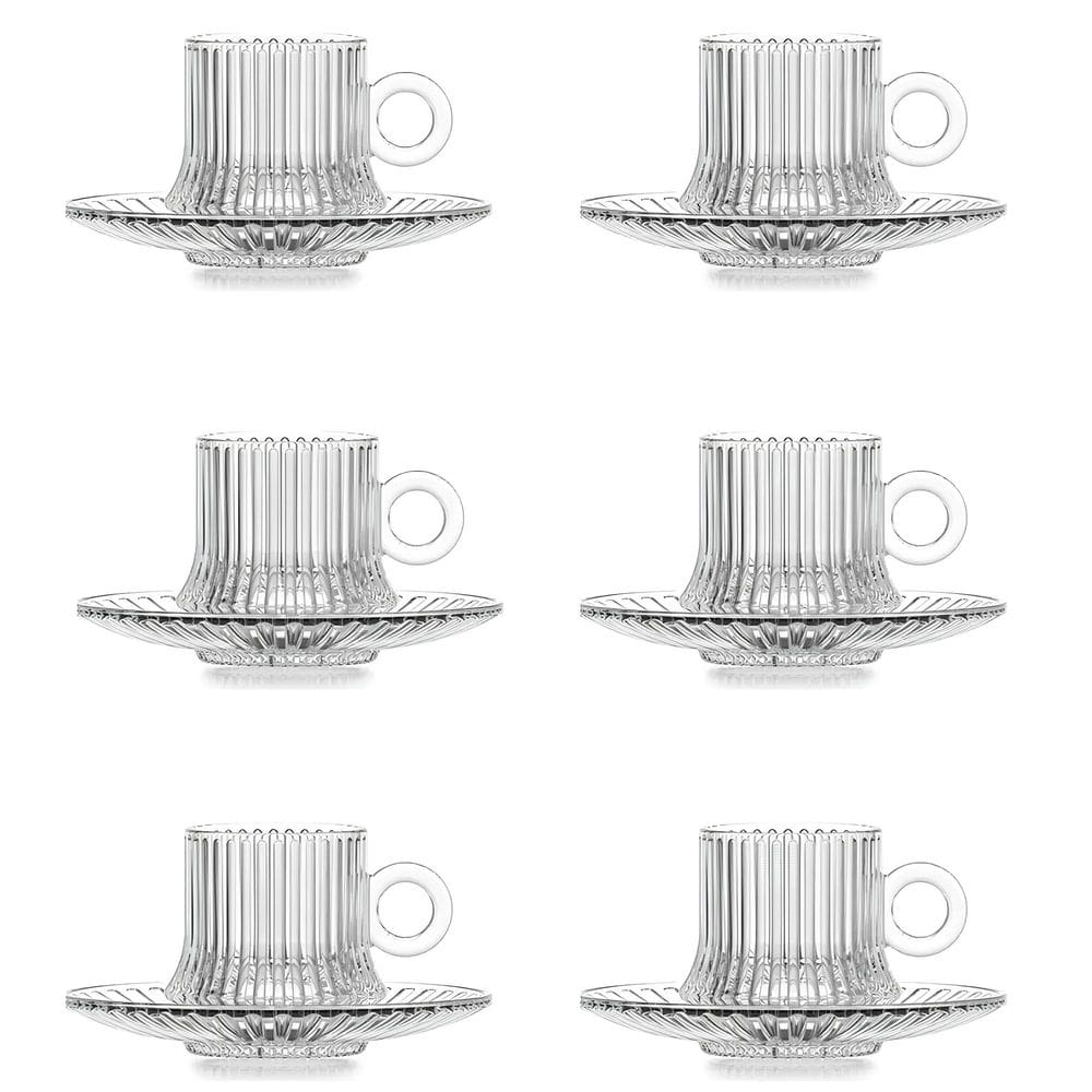 Jogo C/6 Xícaras de Vidro Transparente C/ Pires Robusta Line 85ml P/ Café e Chá