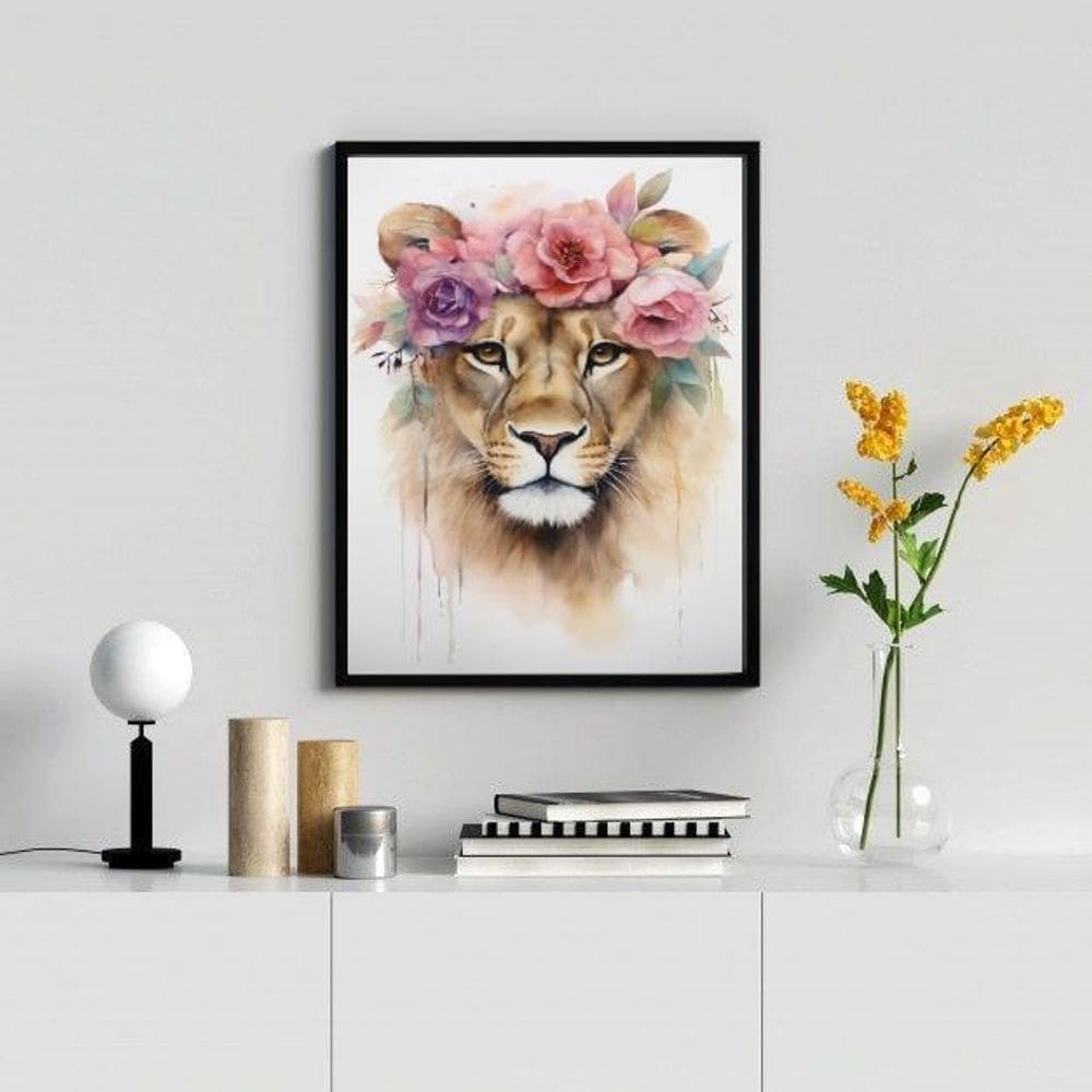 Quadro Leoa Flores 33x24cm Vidro Madeira Branca