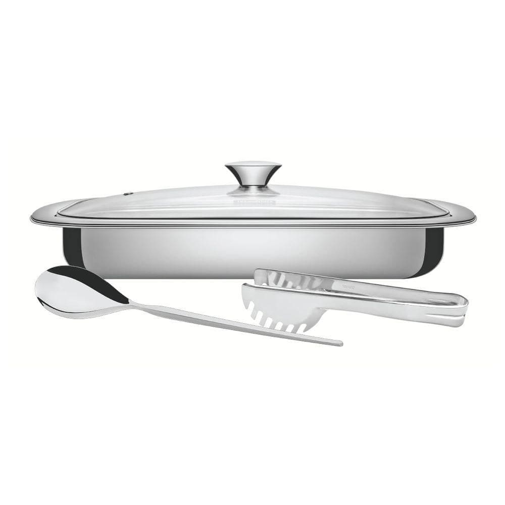 Kit Assar E Servir Tramontina Aço Inox Com Tampa De Vidro 3 Peças