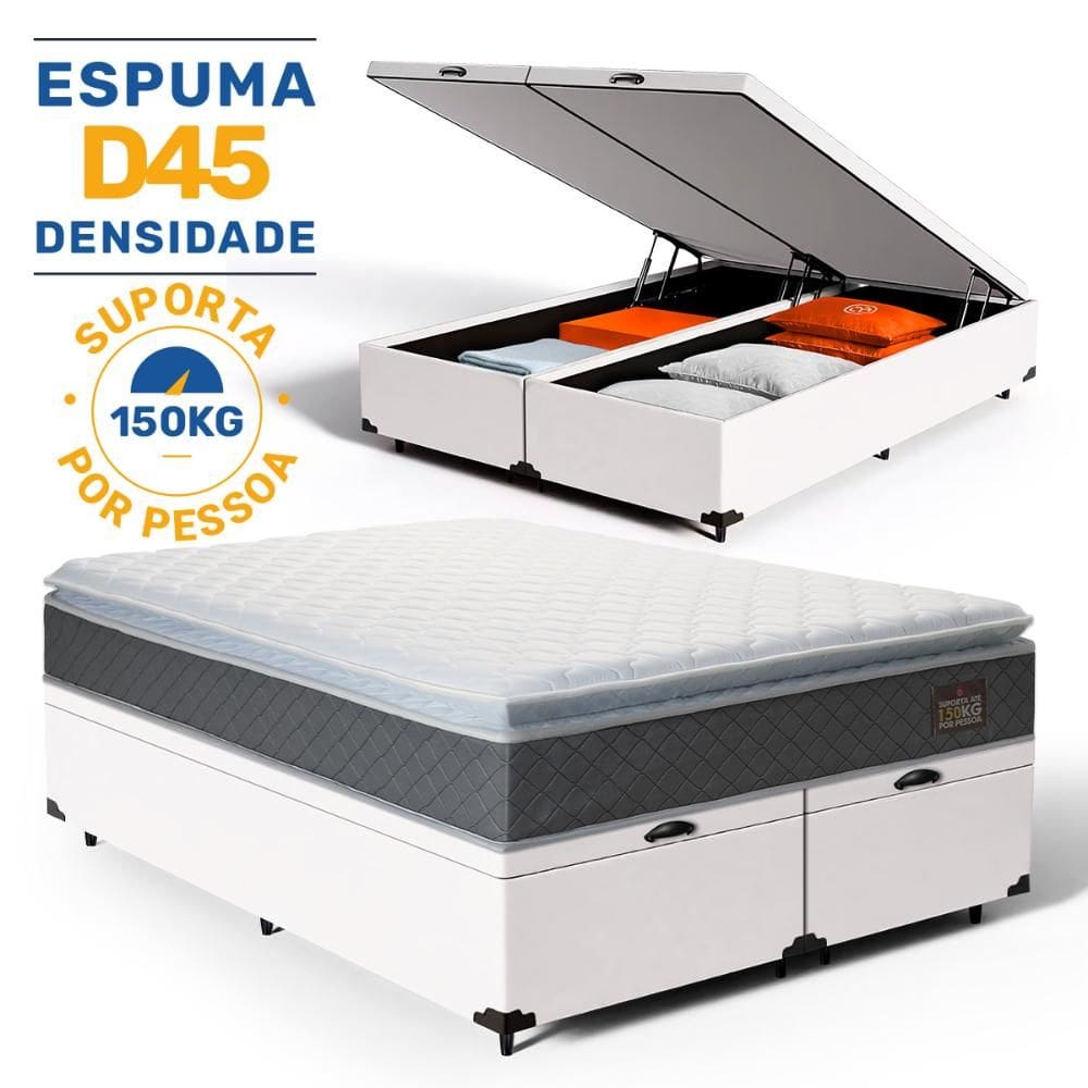 Cama Box Baú com Colchão de Espuma D45 Pillow Top Fort Comfort King 193cm