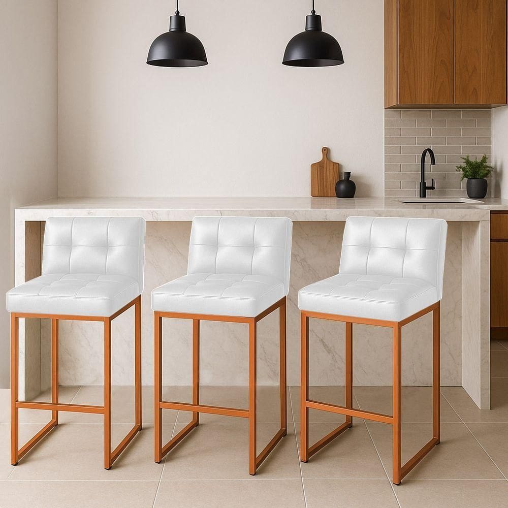 Banqueta Cozinha Alta Com Encosto Industrial Kit 3 Bronze Lirina Pu Branco C05 - D`rossi