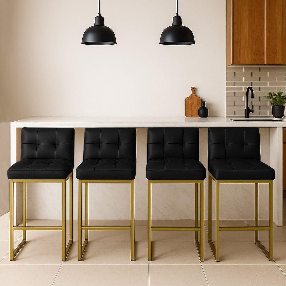 Banqueta Cozinha Alta Com Encosto Industrial Kit 4 Dourado Lirina Pu Preto C05 - D`rossi