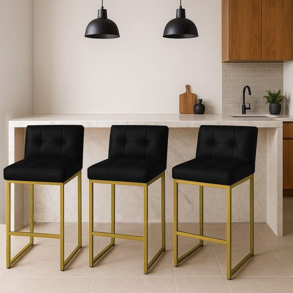 Banqueta Cozinha Alta Com Encosto Industrial Kit 3 Dourado Lirina Pu C05 - D`rossi Preto