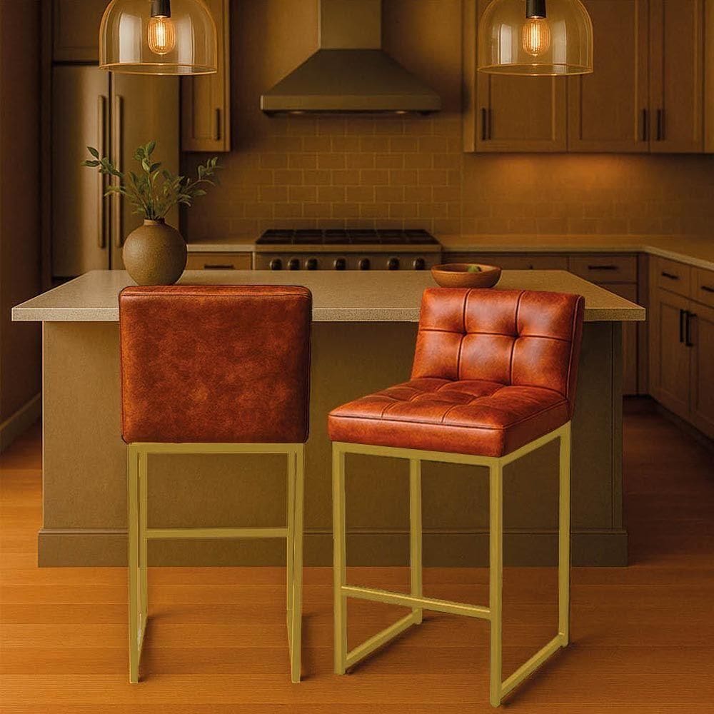 Banqueta Cozinha Alta Com Encosto Industrial Kit 2 Dourado Lirina Pu Nozes C05 - D`rossi