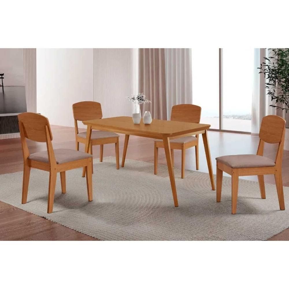 Conjunto: Mesa Sala Jantar Havana Curvo 120cm + 4 Cadeiras Havana Naturale - Linho Capuccino - Rufato