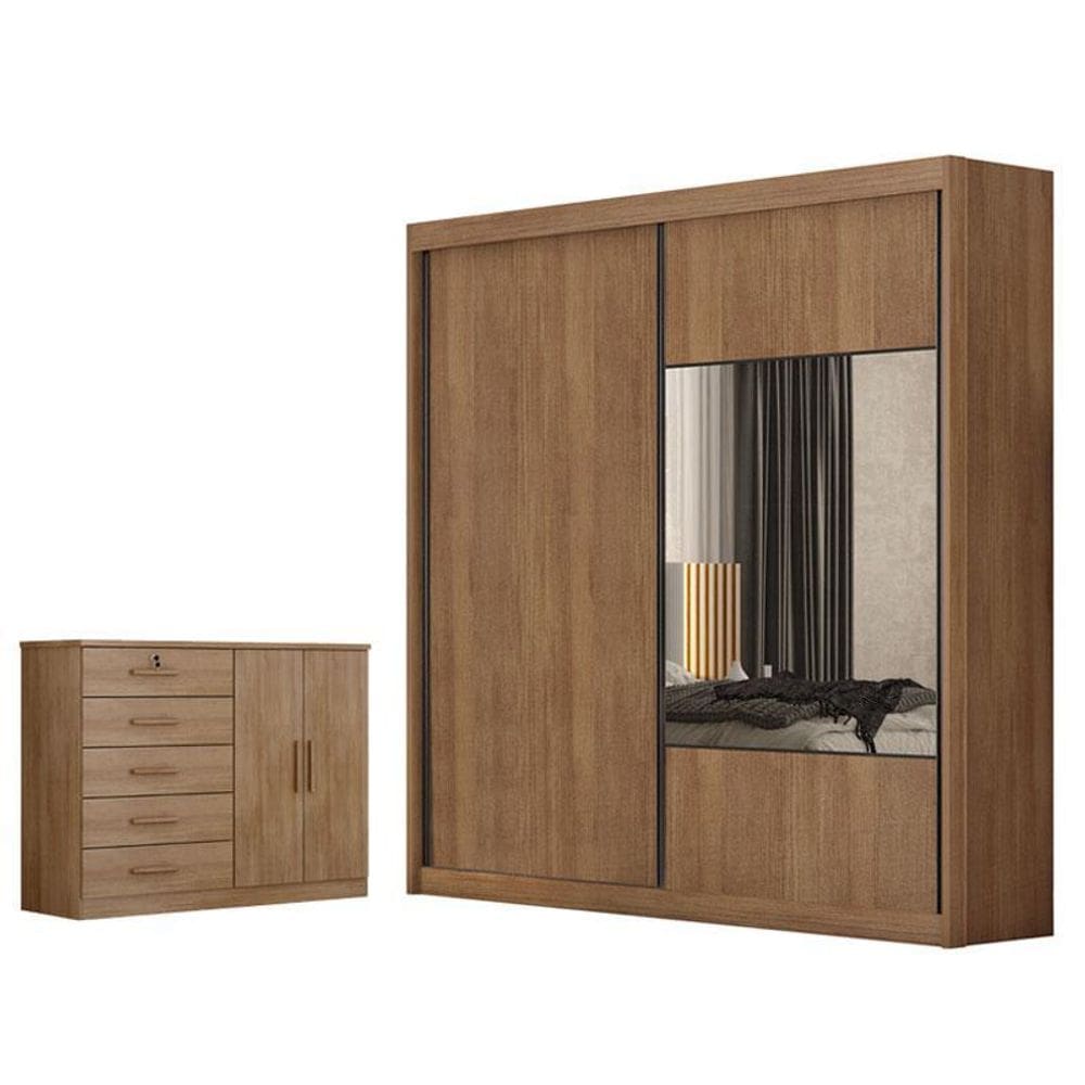 Guarda Roupa Casal Sienna com Espelho e Cômoda Seul Cumaru 23 - Novo Horizonte