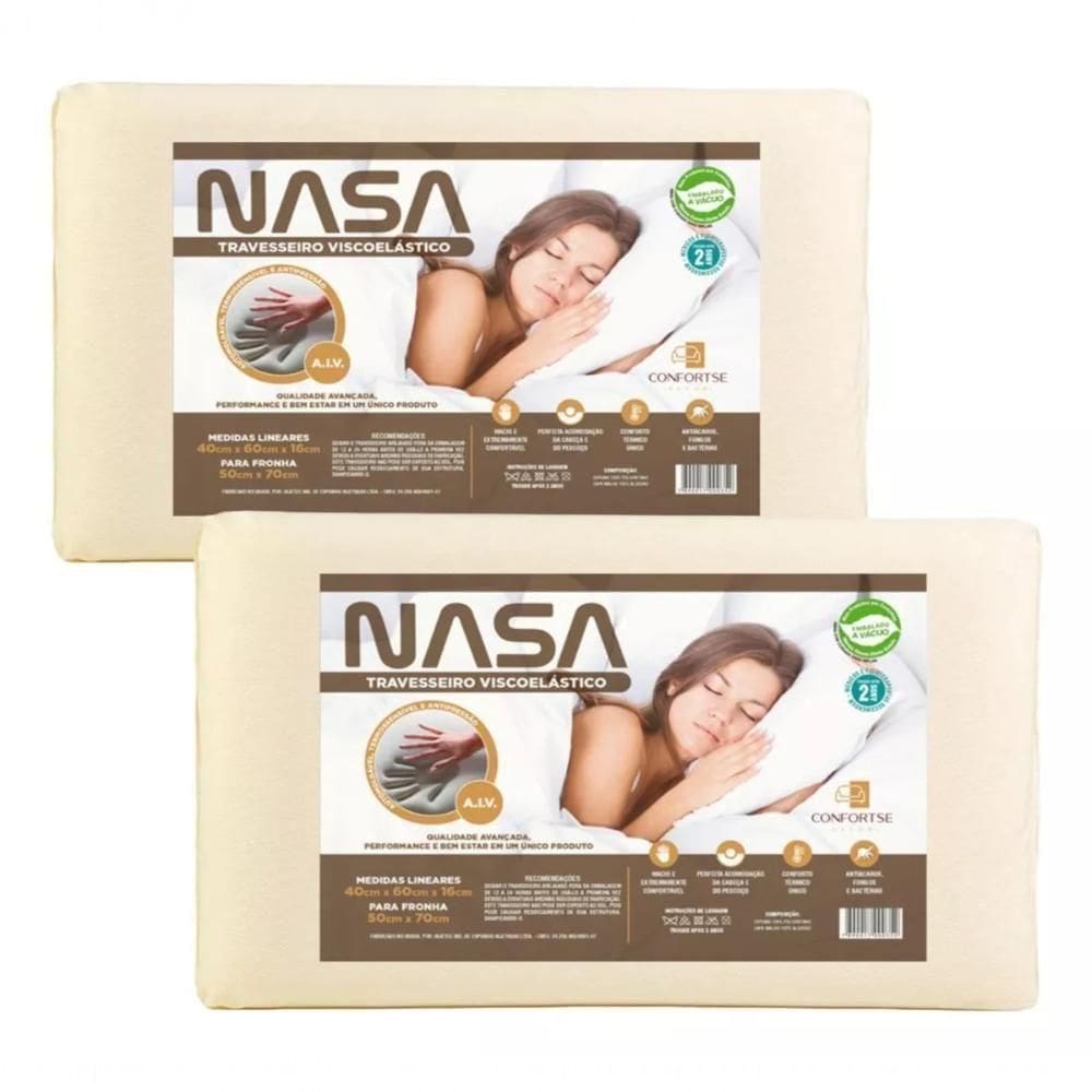 Kit 2 Travesseiros Nasa Viscoelástico Baixo 58x38 Cm