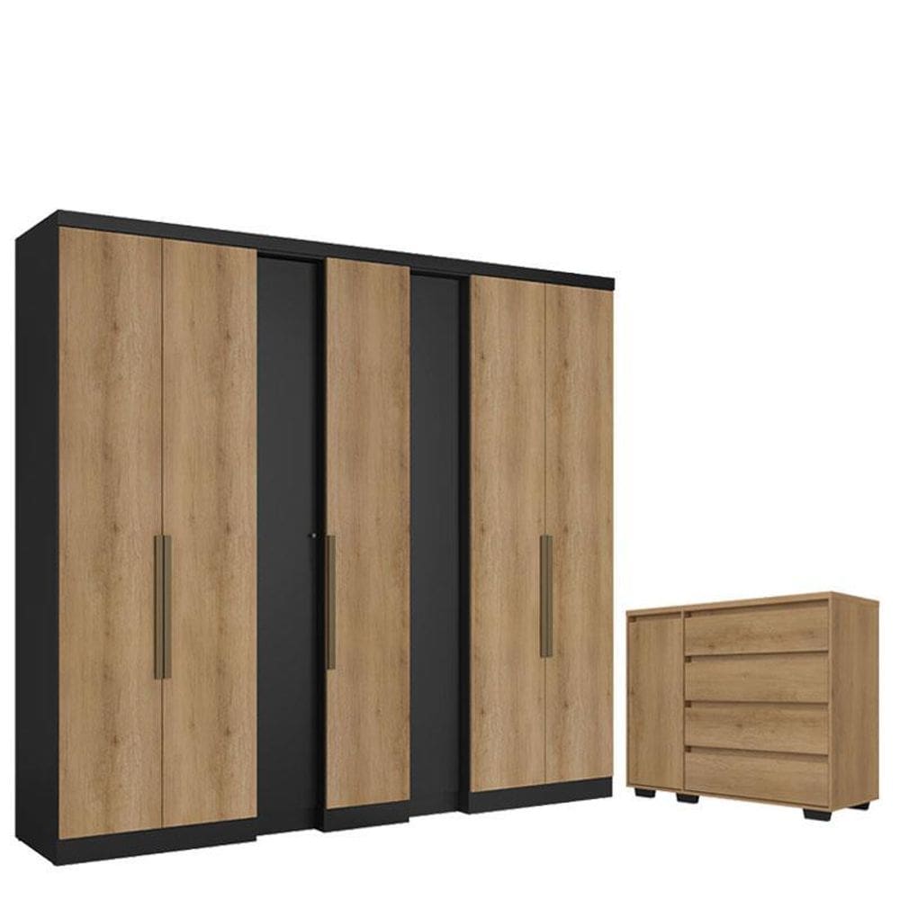 Guarda Roupa Casal Selecto 7 Portas Preto Capuccino e Cômoda com Porta Aurora Capuccino - THB