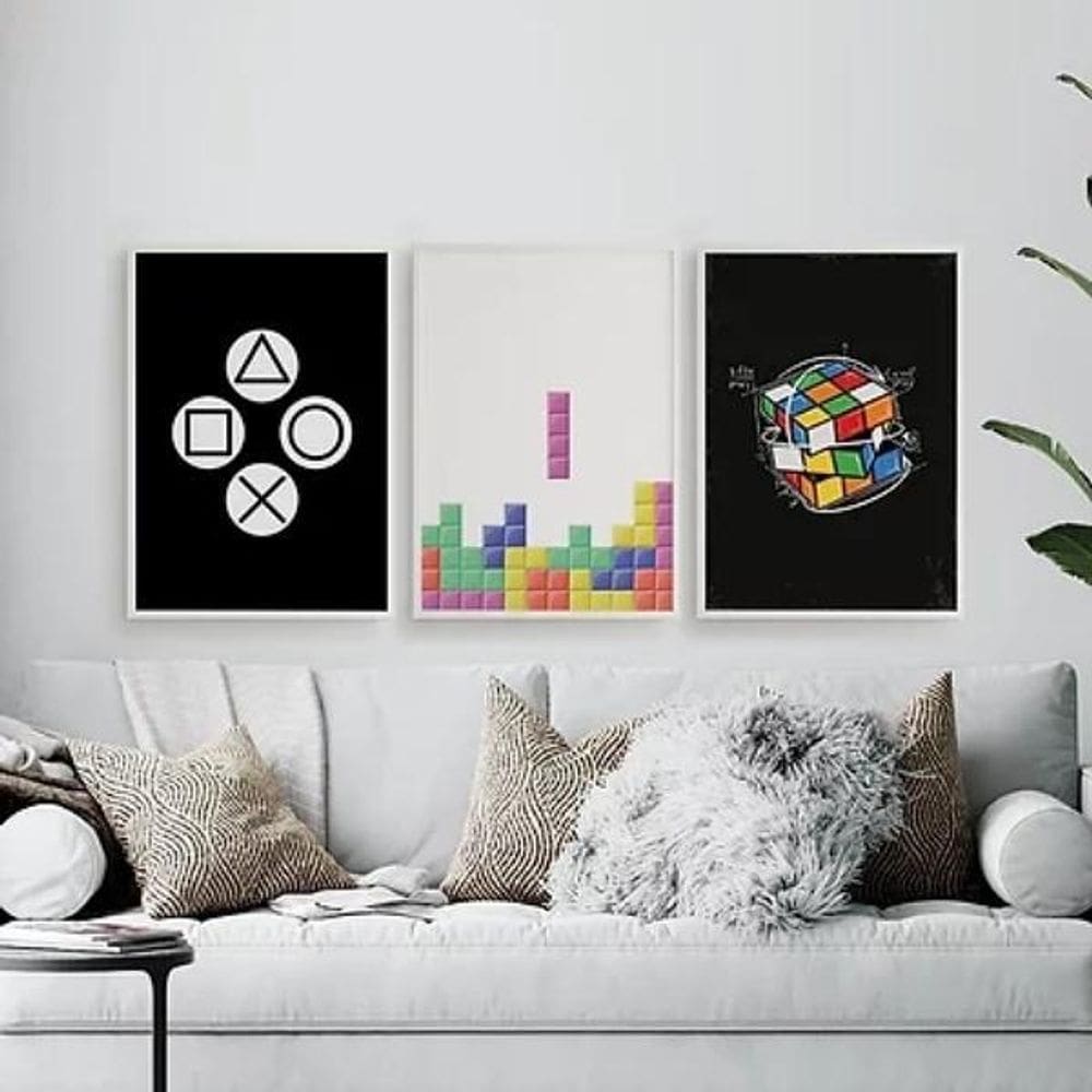 Kit 3 Quadros Gamer Cubo Tetris 45x34cm - Vidro Branco