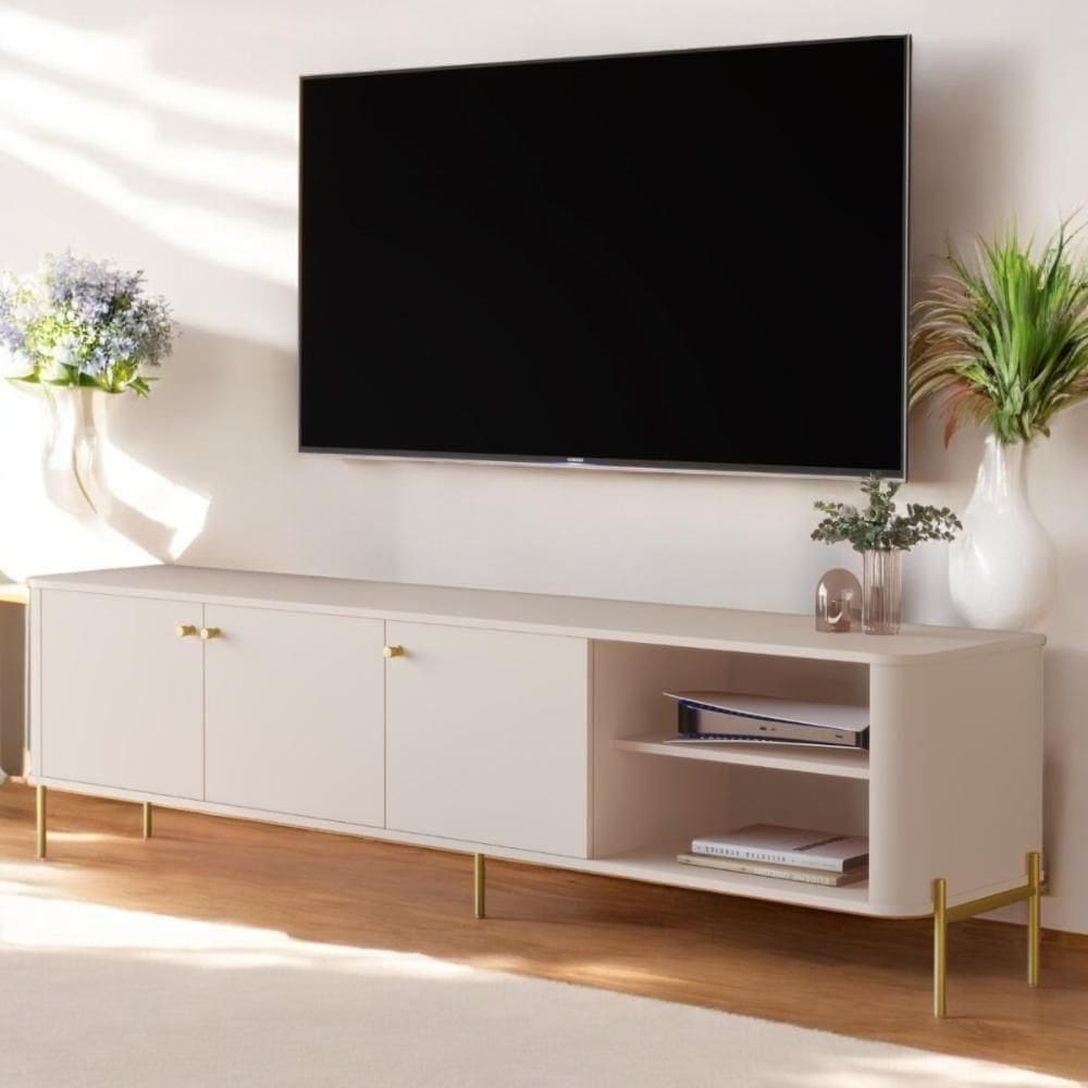 Rack Para Sala Tv Até 70 Polegadas Moderno 3 Portas - Off White Dourado