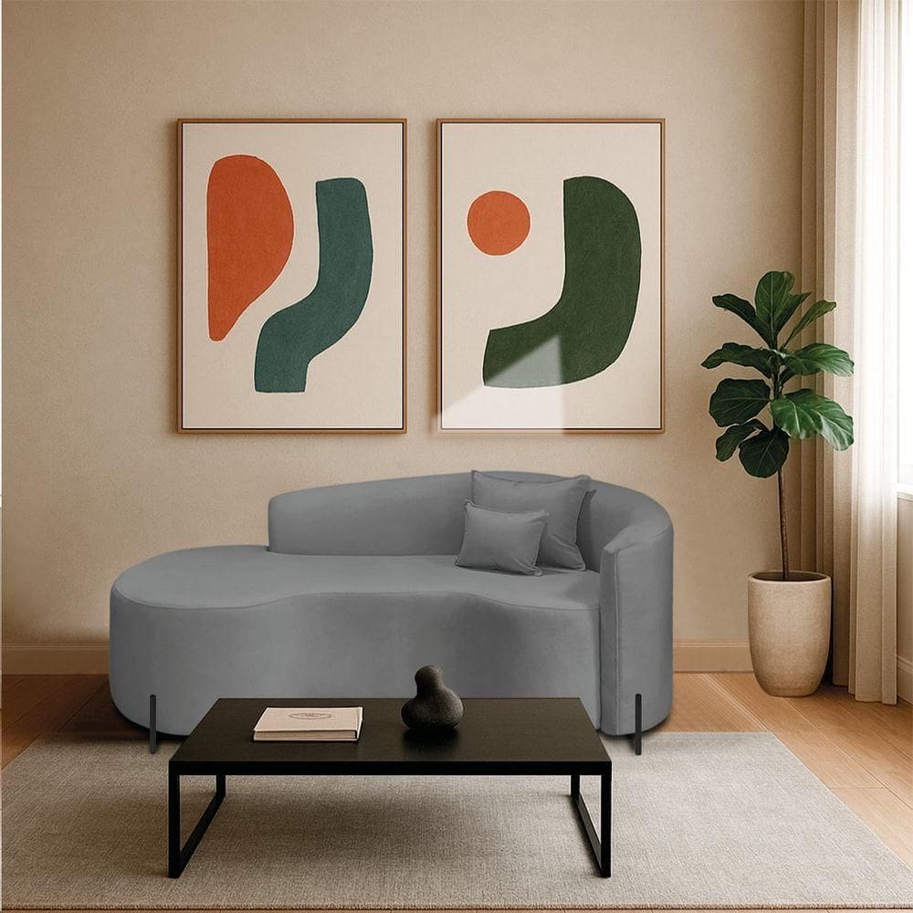 Divã Recamier Curvo Sala De Estar Recepção Inglaterra 180cm Pés Metal Preto Lado Esquerdo Bouclé Cinza