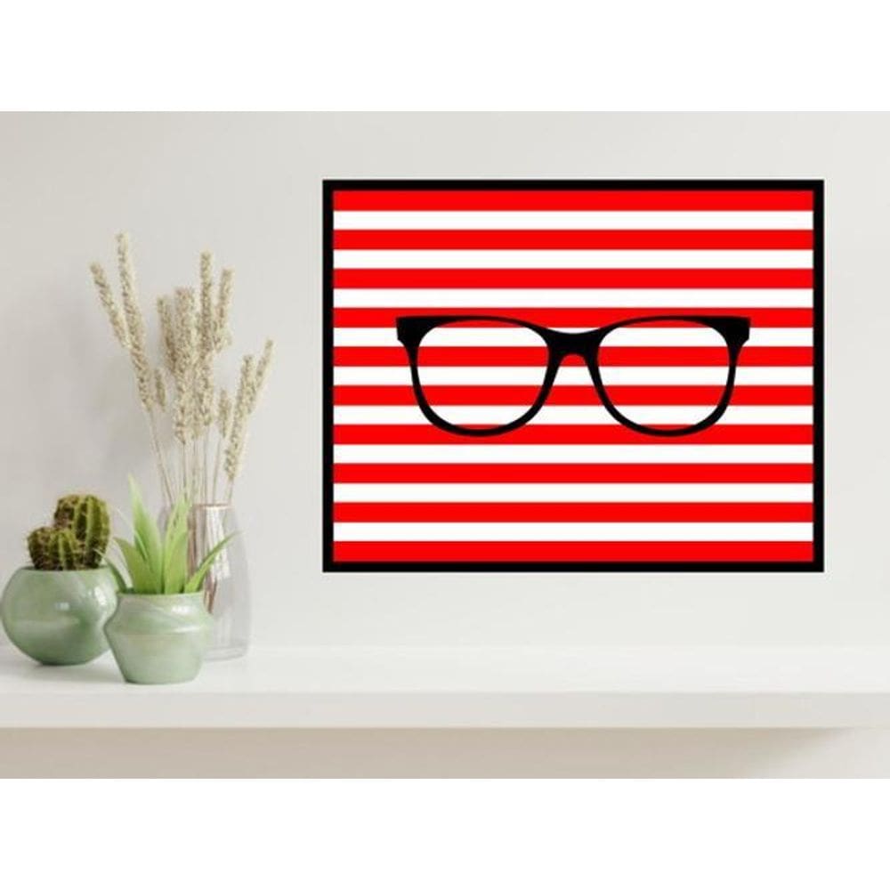 Quadro Óculos - Fundo Listras Vermelhas 33X24Cm - Com Vidro