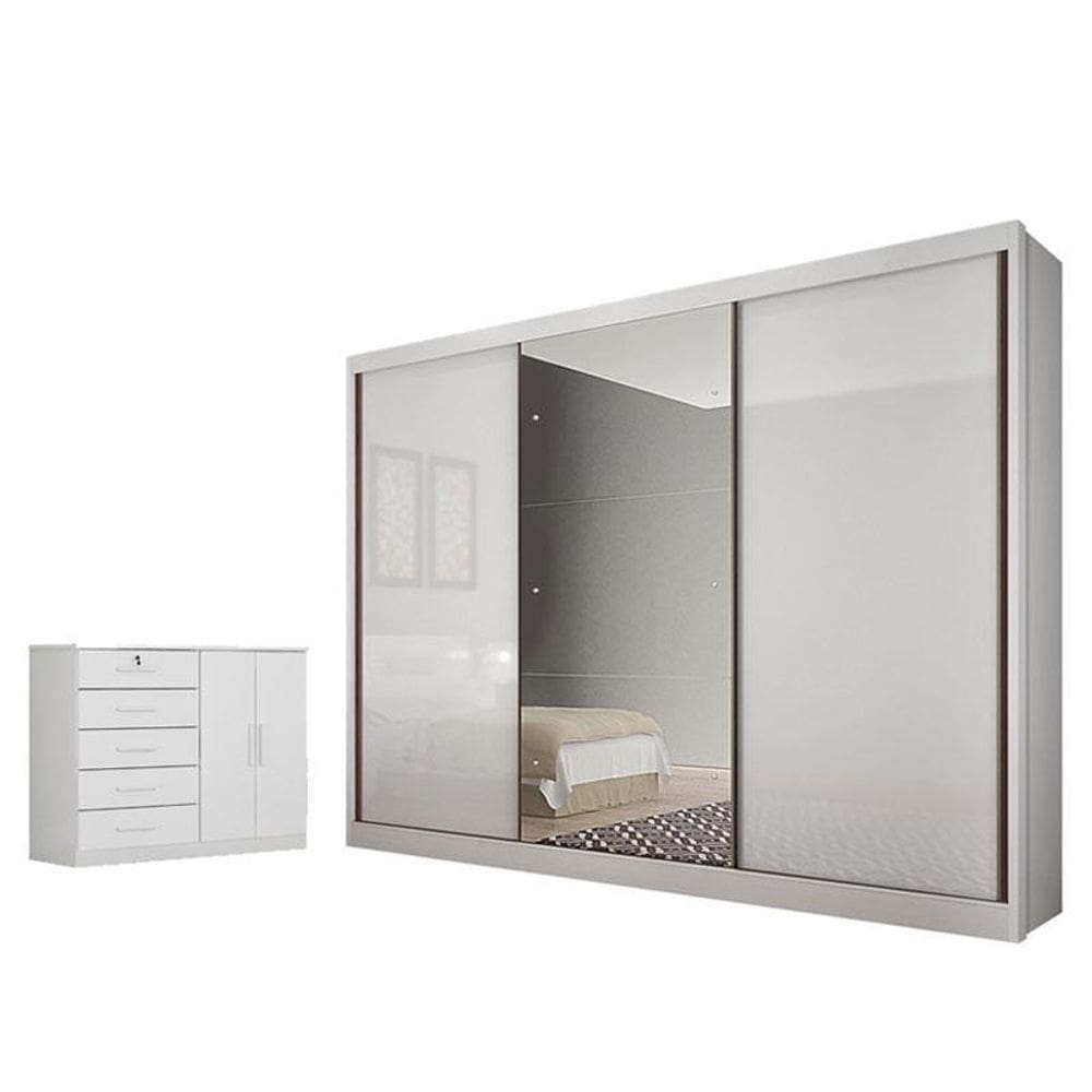 Guarda Roupa Casal Sonetto com Espelho e Cômoda Seul Neve - Novo Horizonte