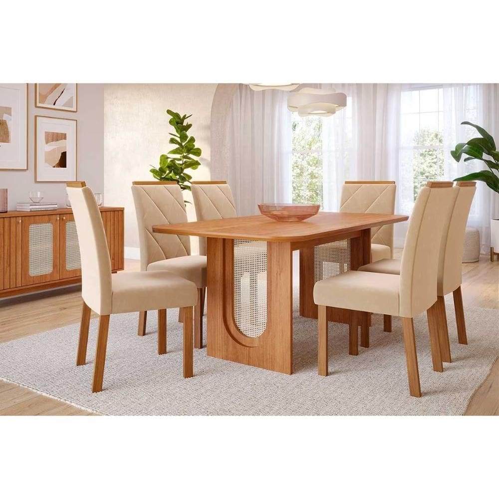 Conjunto: Mesa Sala Jantar Valentina Tampo Madeirado 180x90cm e 6 Cadeiras Fernanda Cinamomo - Carvalho/Suede Nude Bege Cimol
