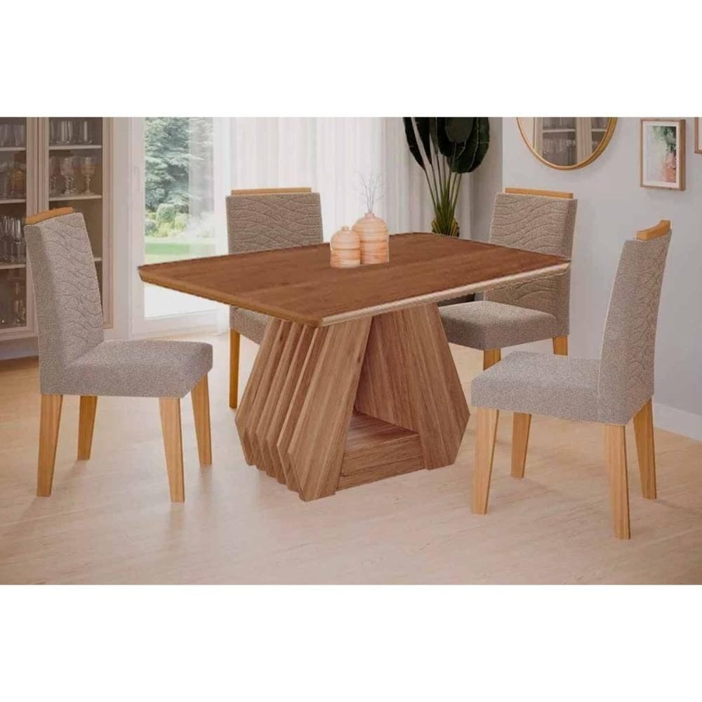 Conjunto: Mesa Sala Jantar Ágata Tampo Madeirado 130x80cm e 4 Cadeiras Clarice Cinamomo/Off White - Carvalho/Suede Nude Bege Cimol