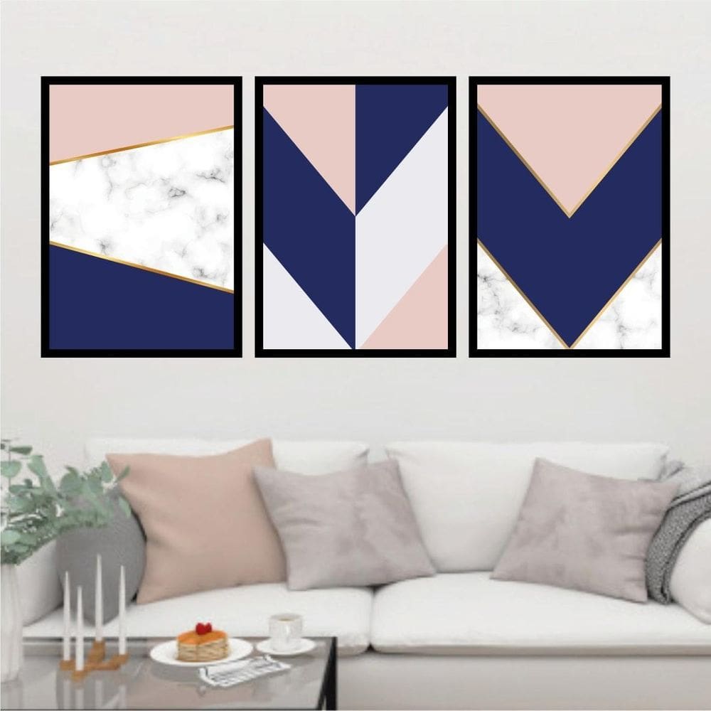 Kit 3 Quadros Geométrico Rosa/Azul/Mármore 33X24Cm Com Vidro