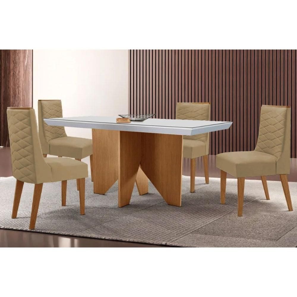 Conjunto: Mesa Sala Jantar Nevada c/ Tampo Madeirado c/ Vidro Canto Curvo 120x80cm e 4 Cadeiras Dafne Naturale/Off White - Suede Capuccino - Rufato