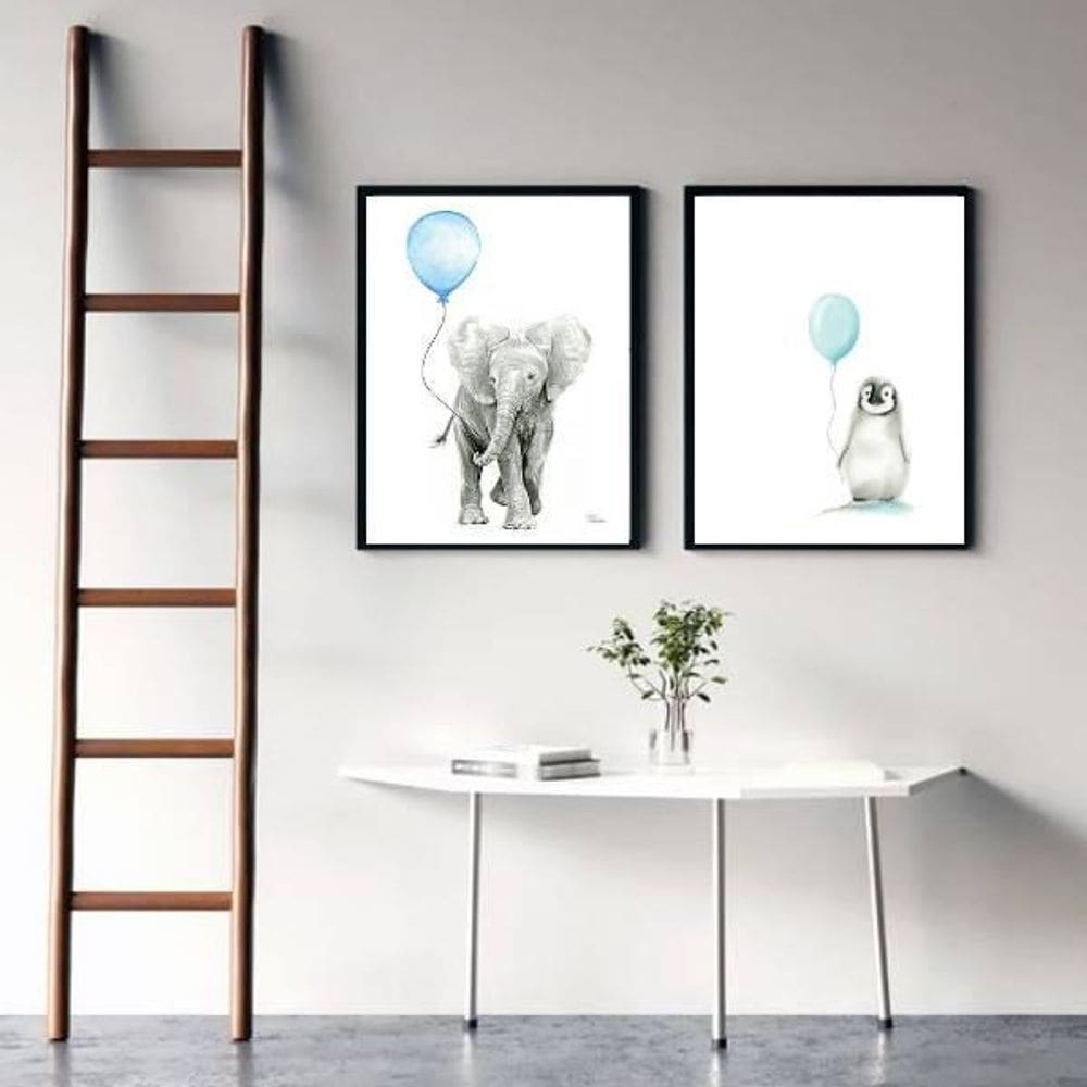 Kit 2 Quadros Infantis Bichinhos Balões 33X24Cm - Preta