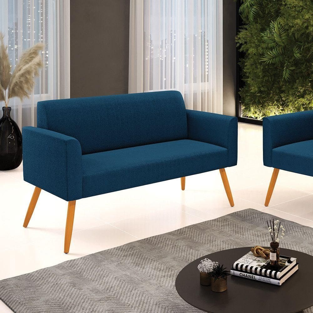 Sofá 2 Lugares Namoradeira Pé Palito Castanho Marisa Bouclê Azul