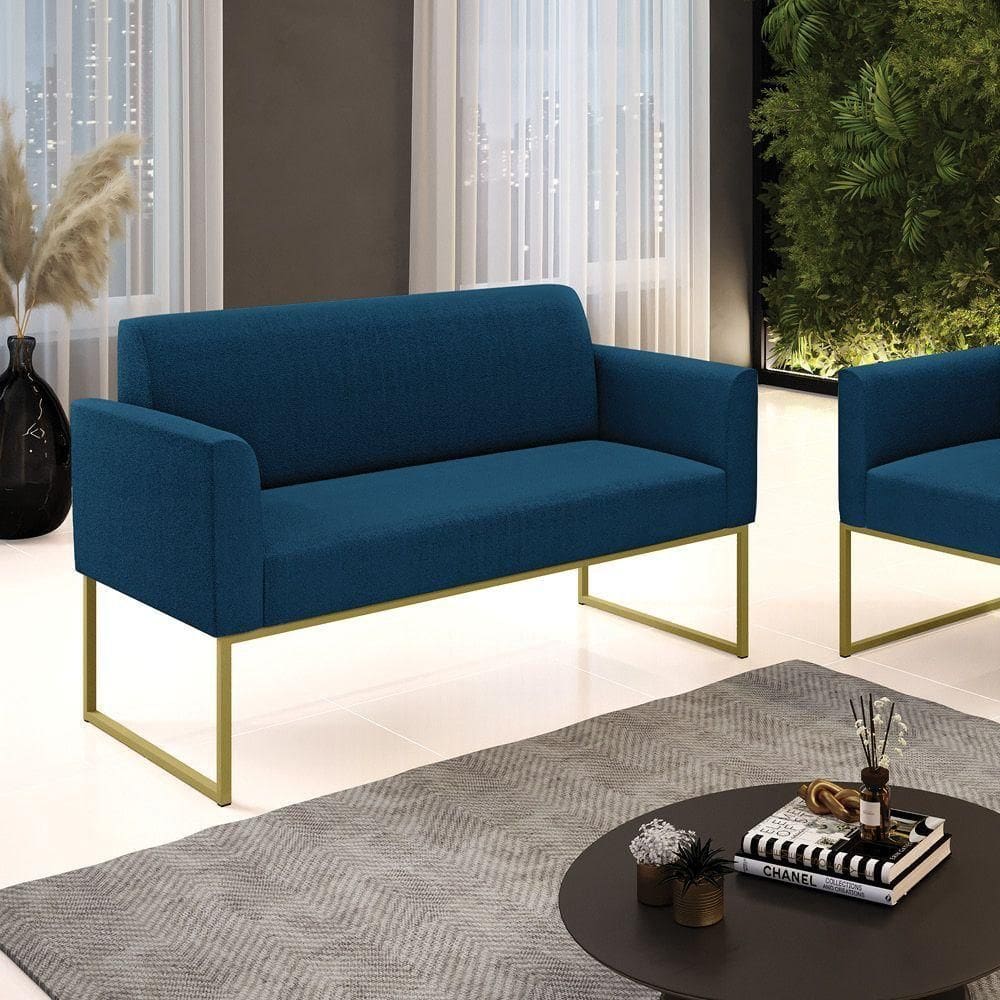 Sofá 2 Lugares Namoradeira Industrial Dourado Marisa Bouclê Azul D03 - D`rossi
