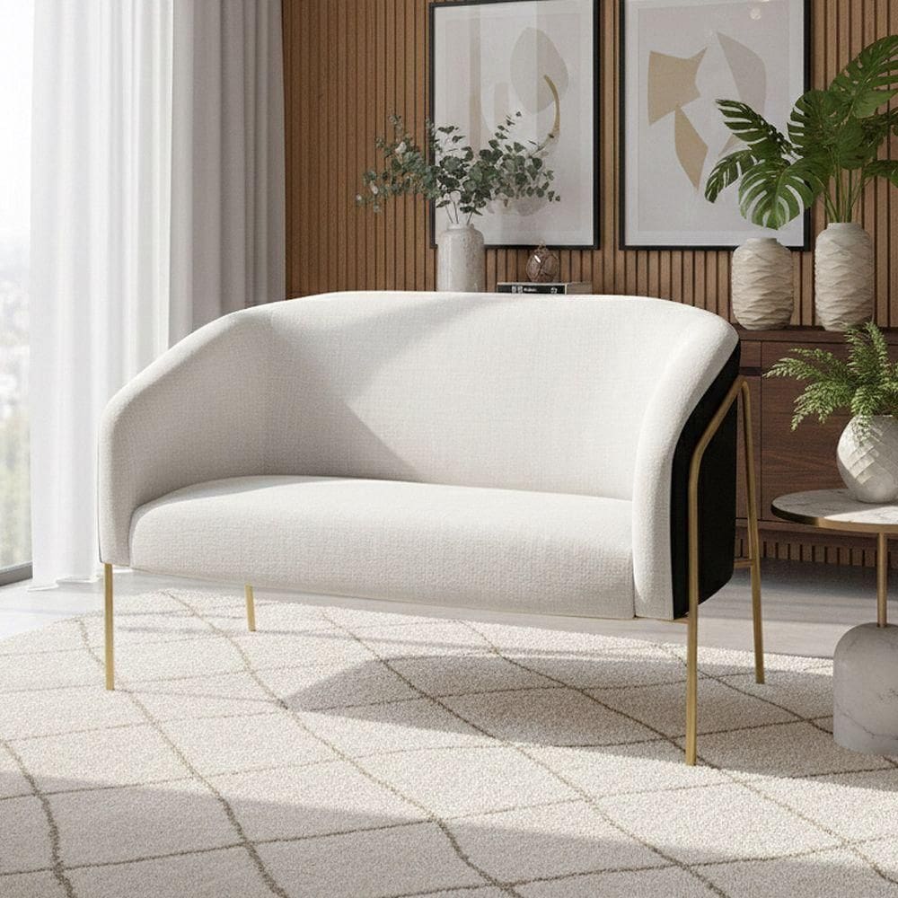 Sofá Namoradeira Stella Industrial Alta Dourada Sintético Pu Preto Linho Cinza D03 - D`rossi