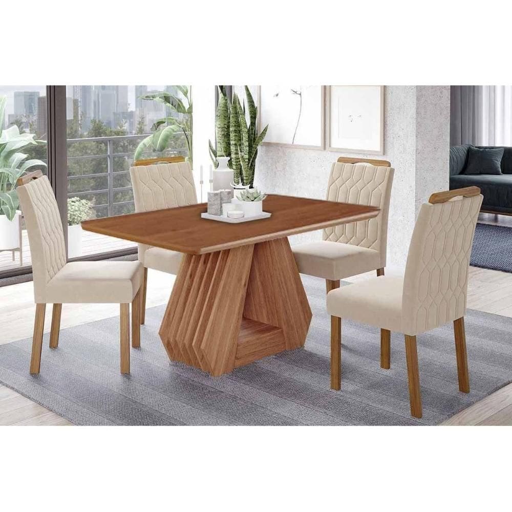 Conjunto: Mesa Sala Jantar Ágata Tampo Madeirado 130x80cm e 4 Cadeiras Paola Cinamomo/Off White - Carvalho/Suede Nude Bege Cimol
