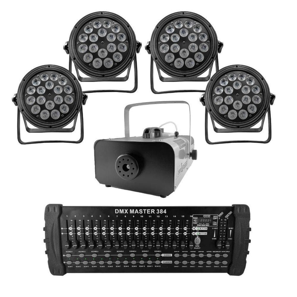 Kit 4 Par Led Slim + Máquina De Fumaça 2000W + Mesa Dmx 384