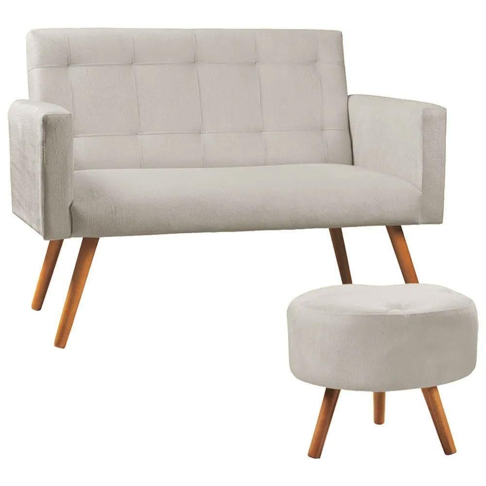 Kit Namoradeira + Puff Decorativo Sabrina Veludo Star Confort Bege Marfim