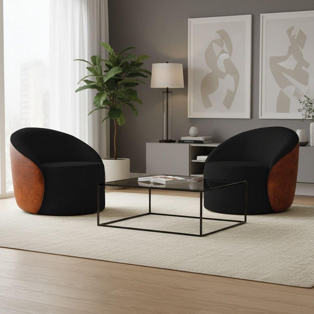 Poltrona Sala Orgânica Kit 2 Lua Fixa Sintético Pu Nozes/linho Preto D03 - D`rossi