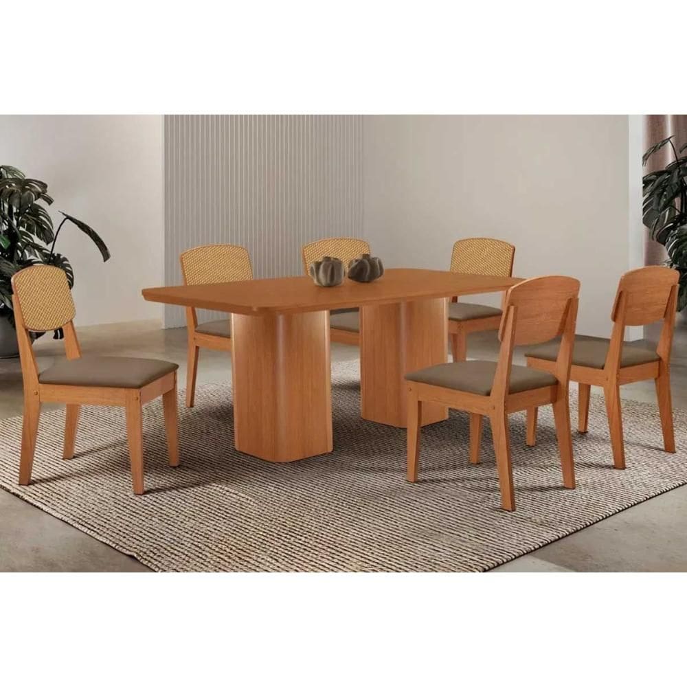 Conjunto: Mesa de Cozinha Maldivas Curvo 180cm + 6 Cadeiras Havana Naturale - Suede Capuccino - Rufato
