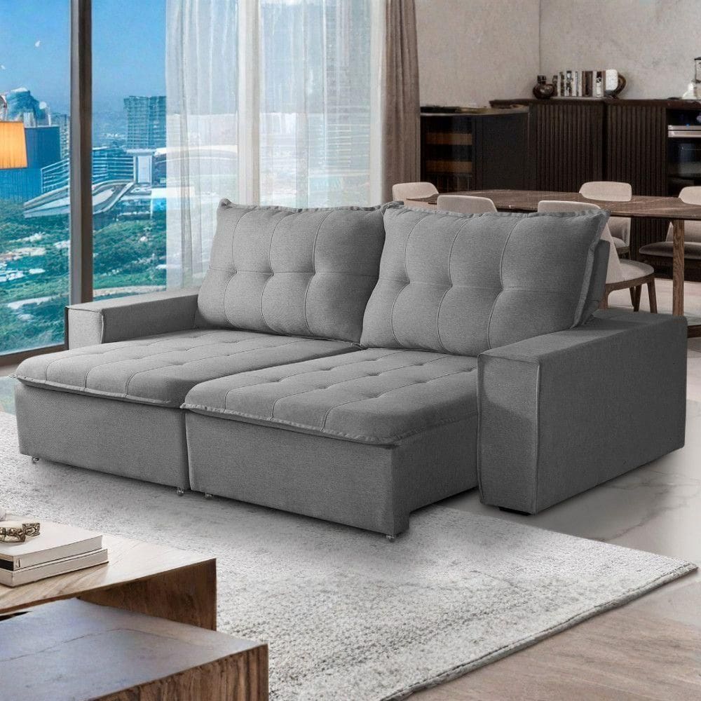 Sofá Retrátil Reclinável Valentino 2,10m Linho - Shop Das Ca Linho Cinza