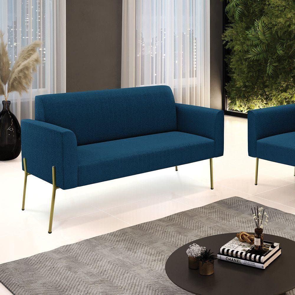 Sofá 2 Lugares Namoradeira Pé Ferro Dourado Marisa Bouclê Azul D03 - D`rossi