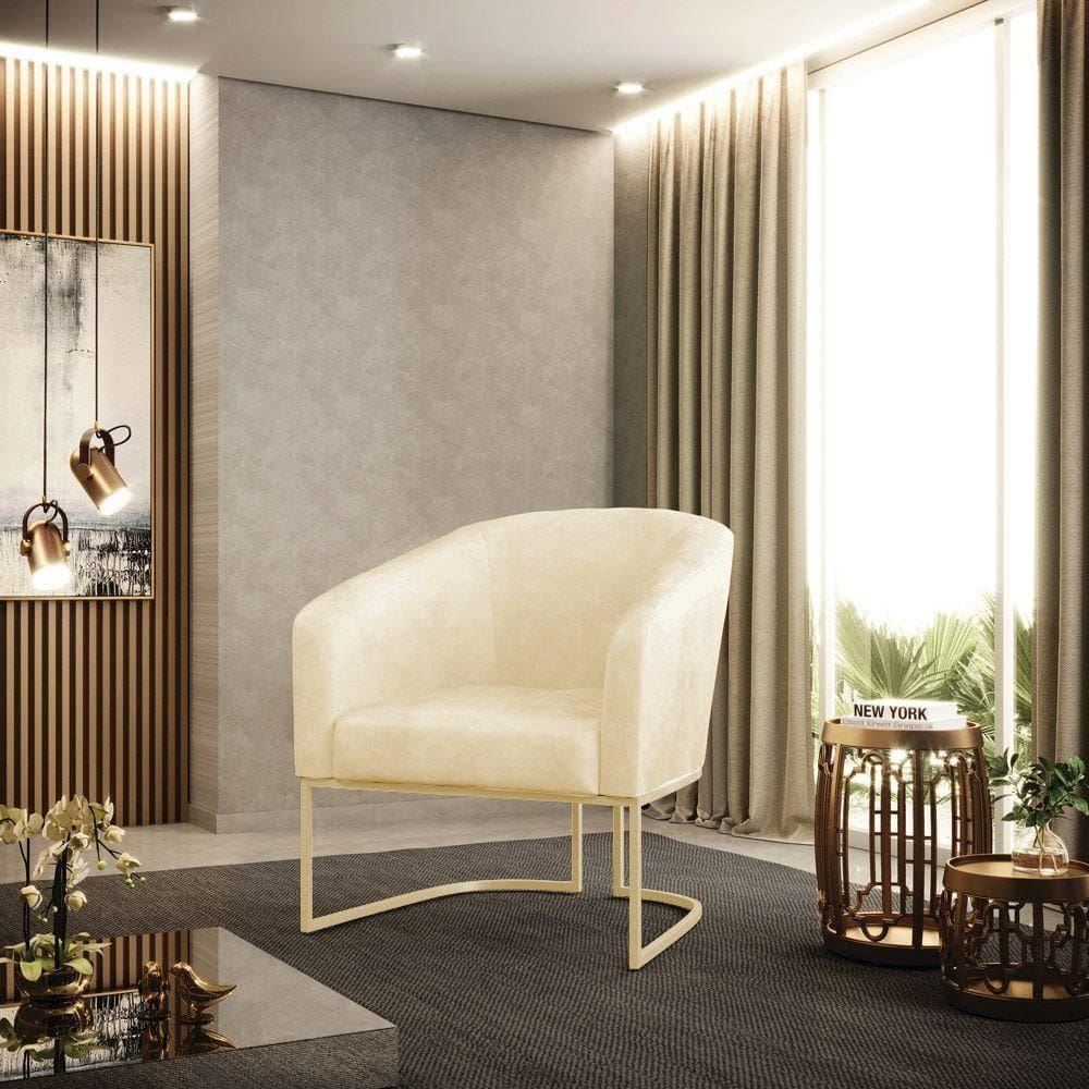 Poltrona Sala Decorativa Stella Base Industrial Champanhe Sintético Pu Bege D03 - D`rossi