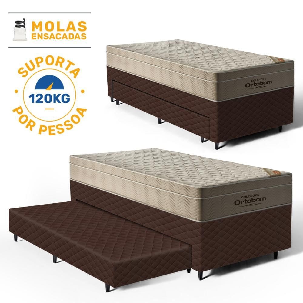 Cama Box com Colchao de Molas Ensacadas Ortobom AirTech + Auxiliar de Espuma Unique Solteiro 88cm