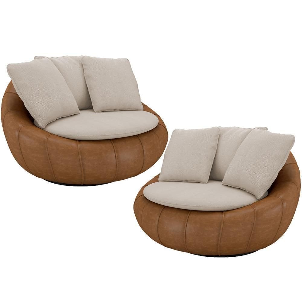 Kit 02 Poltronas Para Sala De Estar Decorativa Giratória Kira Couríssimo Whisky Linho Bege - Lyam Decor