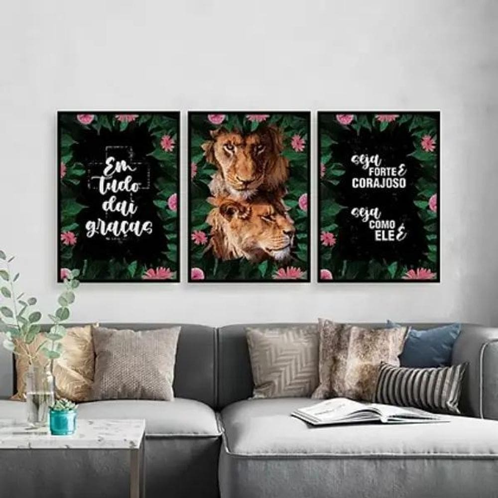 Kit Quadros Leão E Leoa Frases Religiosas 45X34Cm 3 Peças