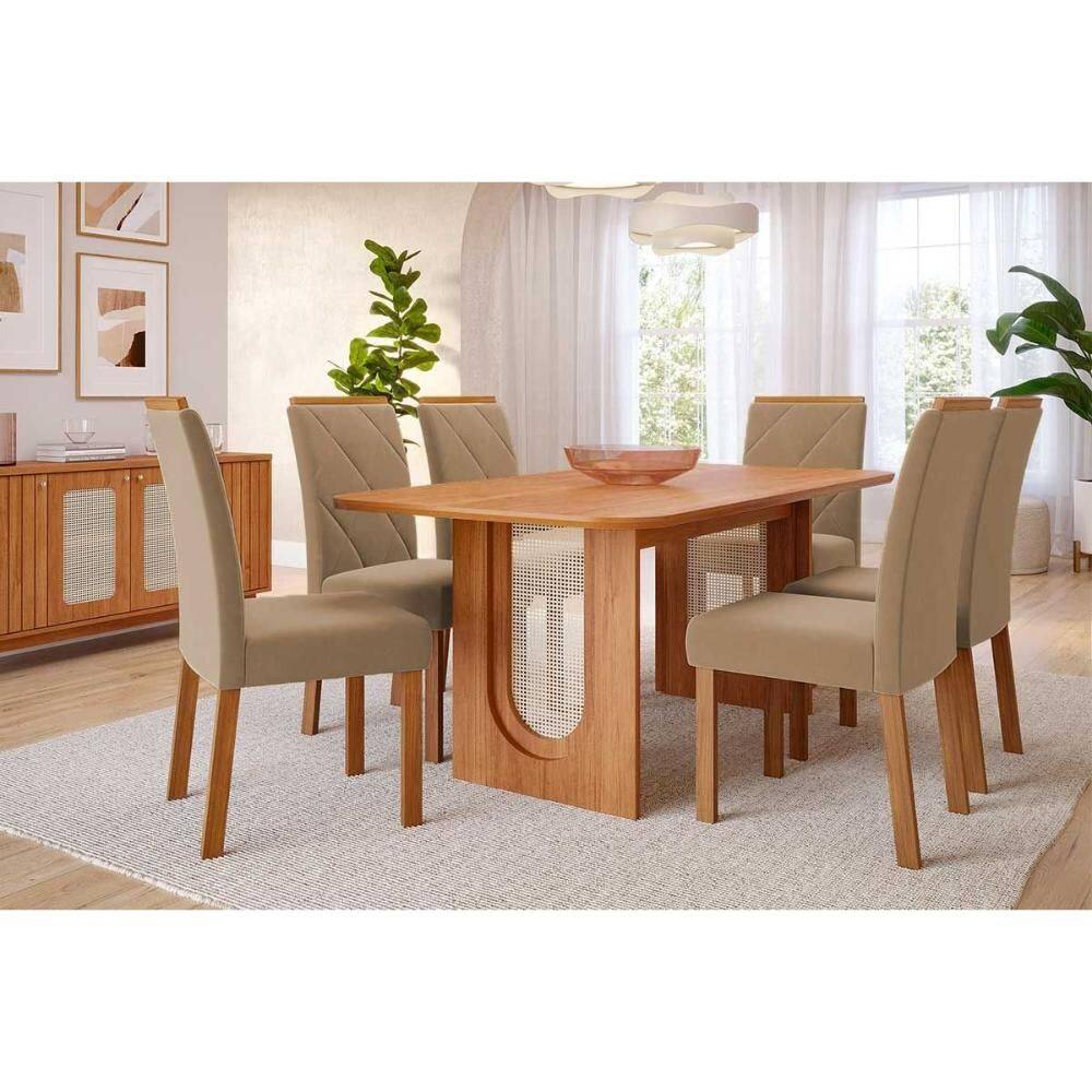 Conjunto: Mesa Sala Jantar Valentina Tampo Madeirado 180x90cm e 6 Cadeiras Fernanda Cinamomo - Carvalho/Linho Bege Cimol