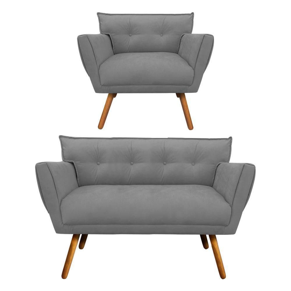 Kit 1 Namoradeira E 1 Poltrona Anitta Suede Pés Palito Castanho D03 - D`rossi Grafite