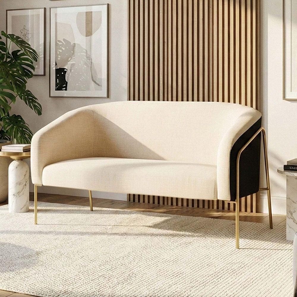 Sofá Namoradeira Stella Industrial Alta Dourada Sintético Pu Preto Linho Bege D03 - D`rossi
