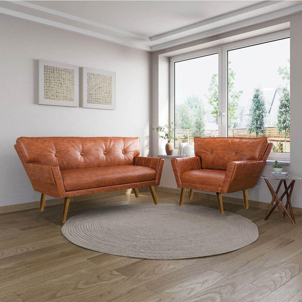 Sofá Namoradeira E Poltrona Pé De Madeira Anitta Sintético Pu Nozes D03 - D`rossi