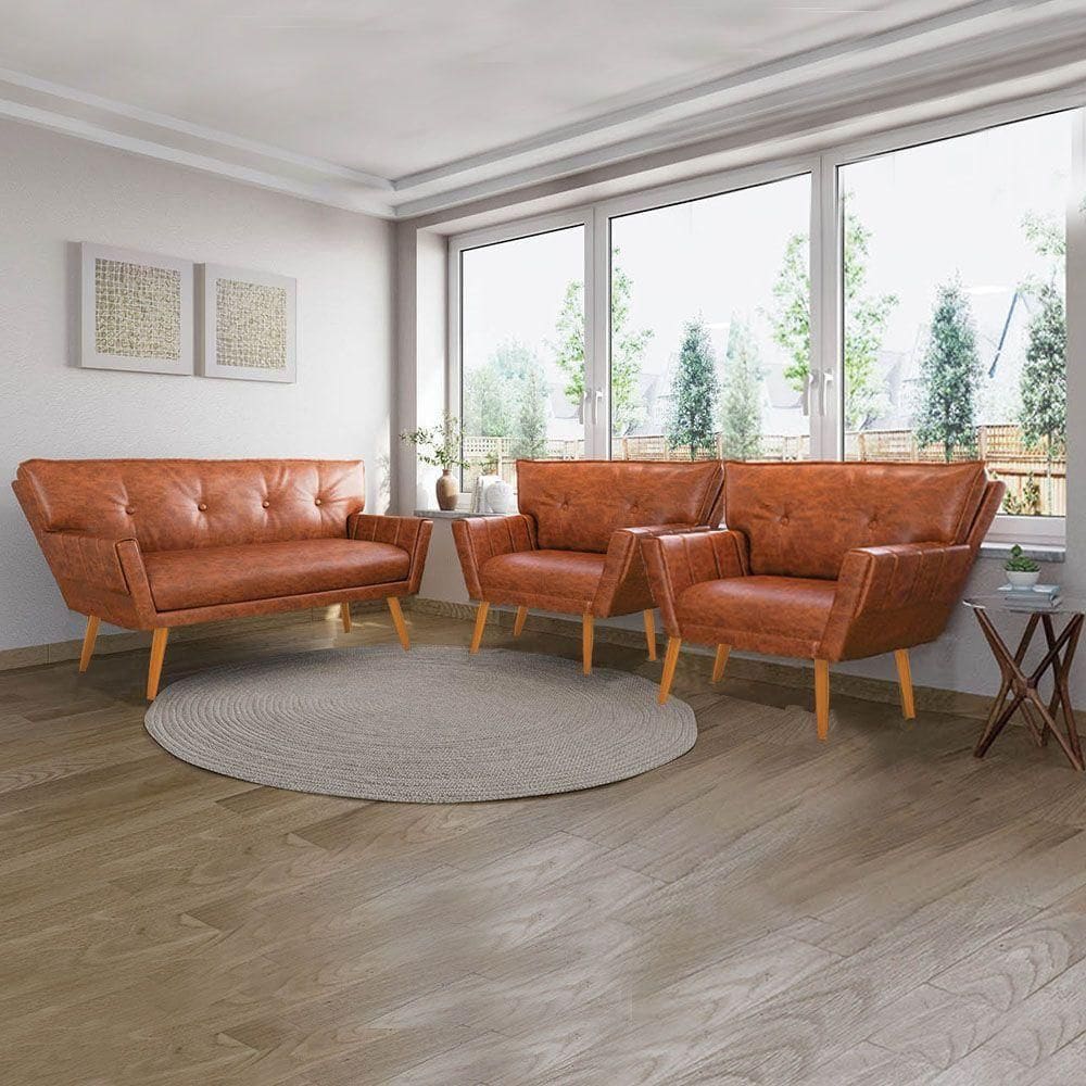 Sofá Namoradeira E 2 Poltronas Pé Palito Madeira Anitta Sintético Pu Nozes D03 - D`rossi