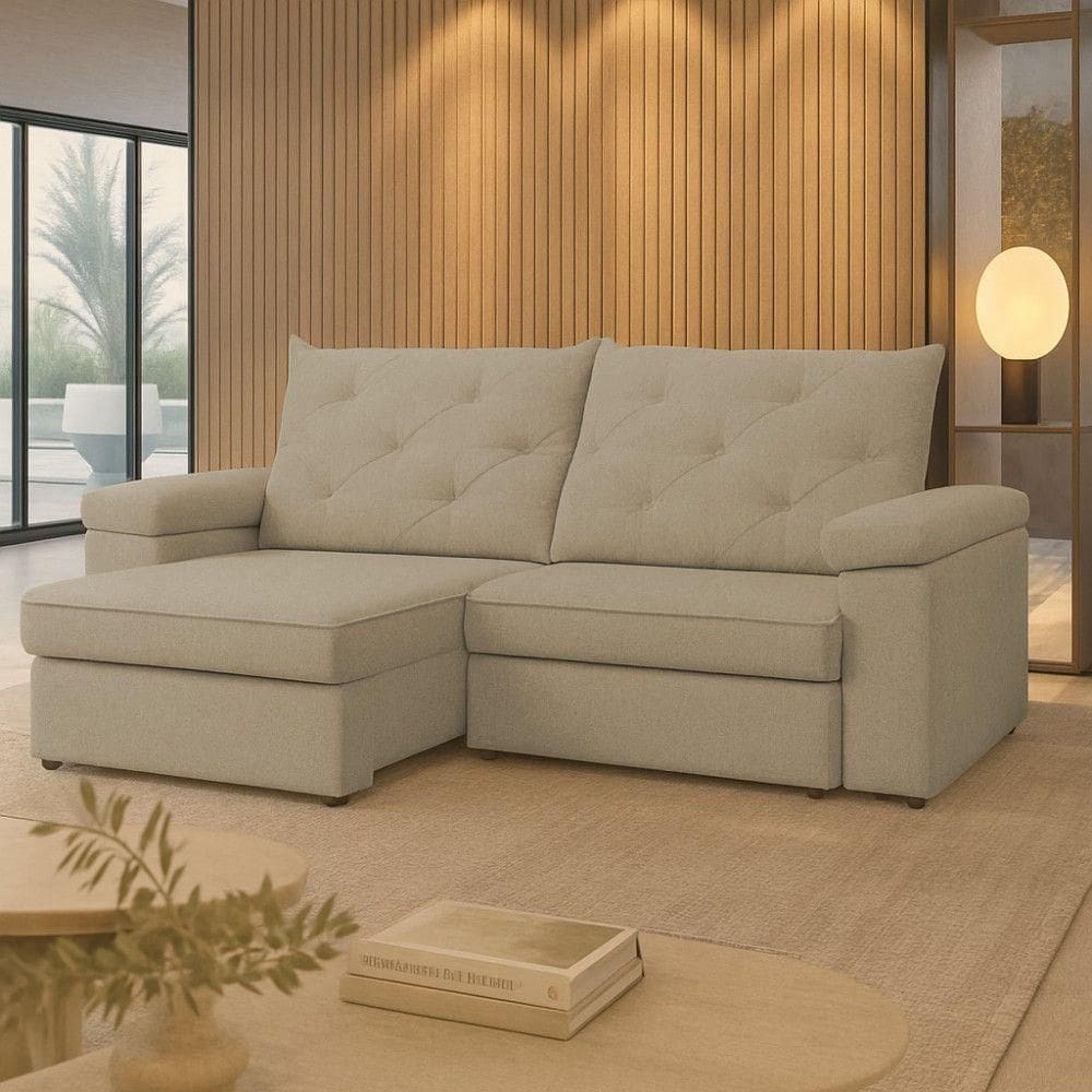 Sofá Para Sala Reclinável Estofado Miami 210cm Linho Carvalho