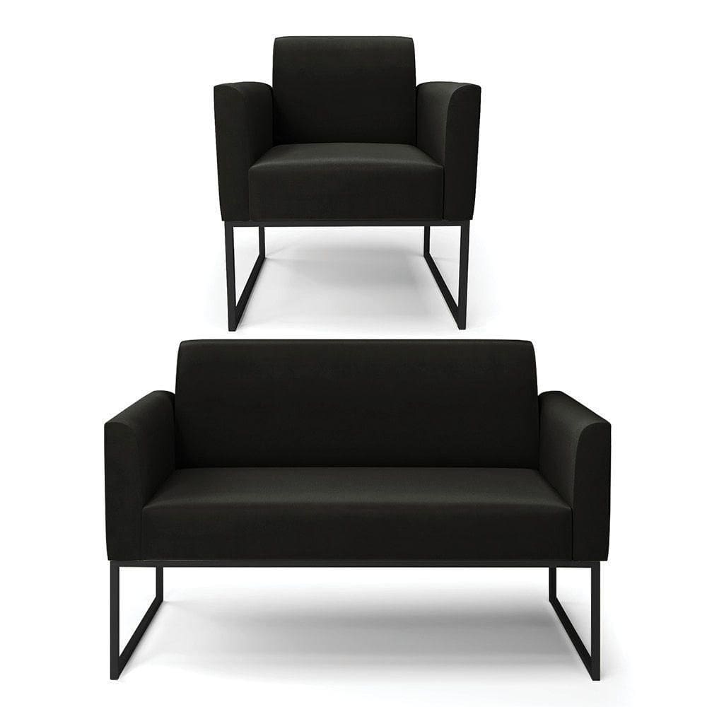 Sofá Namoradeira Com Poltrona Base Industrial Preto Marisa Suede Preto